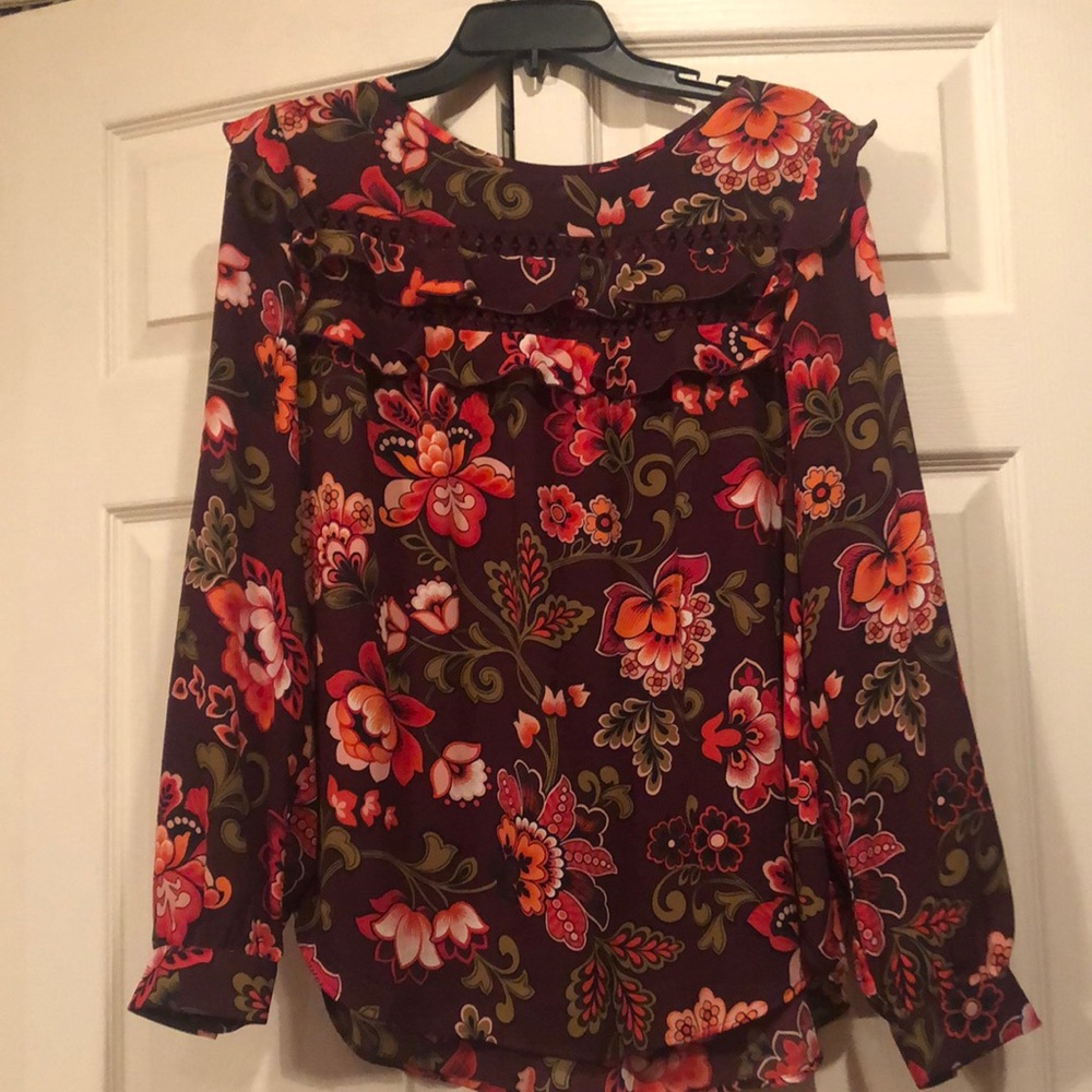 LOFT Floral Ruffle Long-Sleeve Blouse in Burgundy with Orange and Pink Flowers